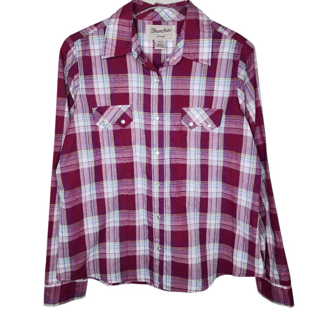 Wrangler Wrancher Western Burgundy Pearl Snap Shirt Size Large
